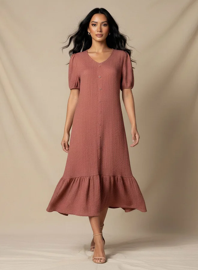 سبلاش فيڤ Textured Midi Shirt Dress with Puff Sleeves